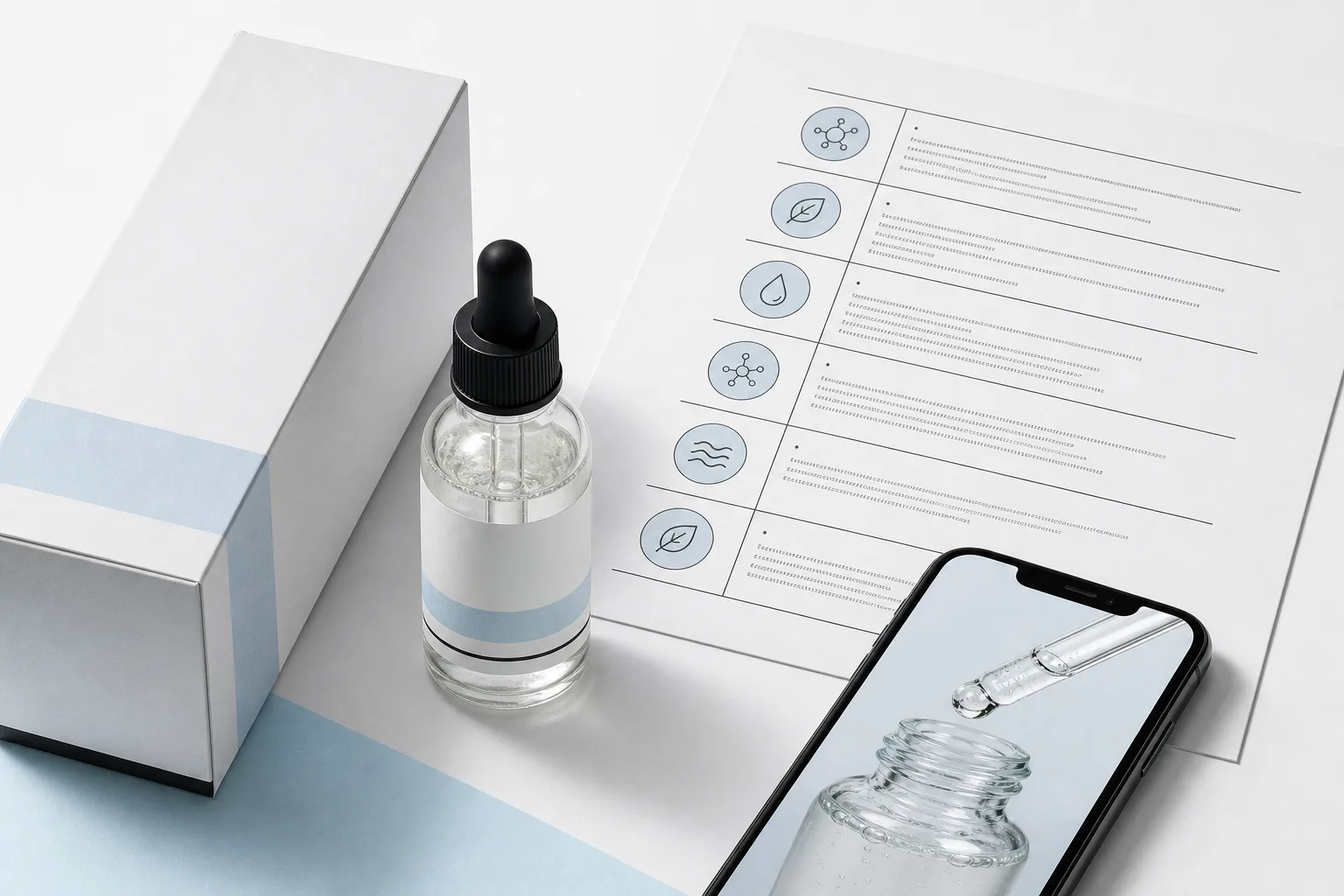 Unbranded skincare packaging, an ingredient record, and a product-media capture