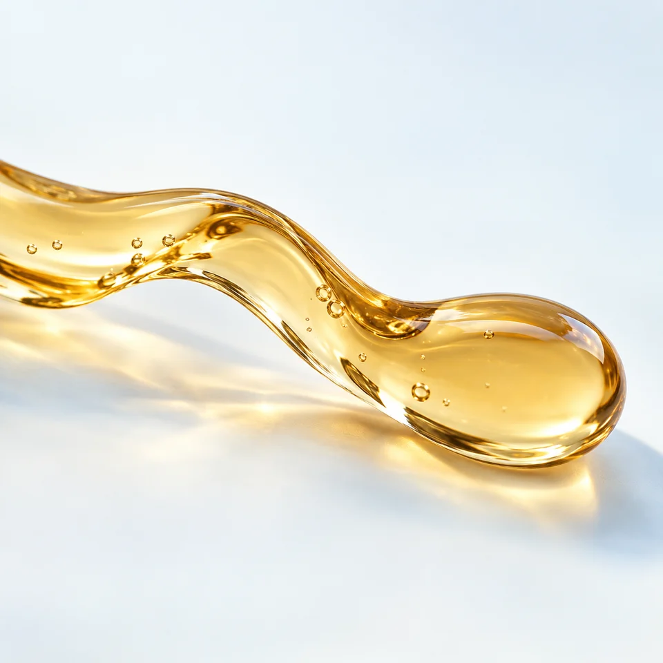 Illustration: A translucent amber oil-like ribbon on a pale surface. Visual context for Garcinia Mangostana Fruit Extract, not a photograph of the ingredient.