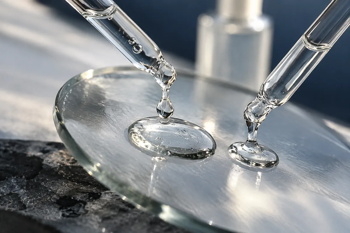 Clear serum drops on tilted glass beside two pipettes