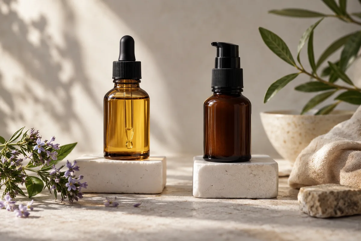 Two amber skincare bottles with different dispensers