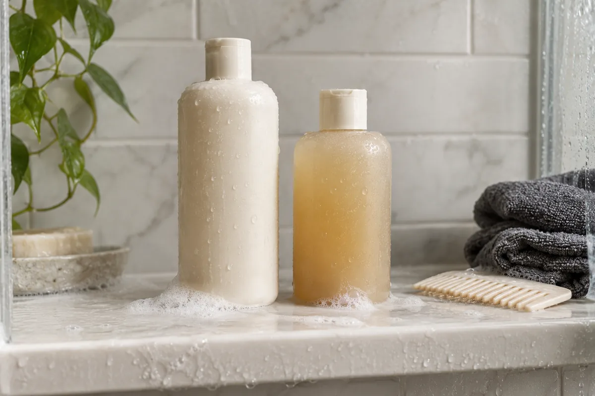 Two unlabelled shampoo bottles on a shower shelf