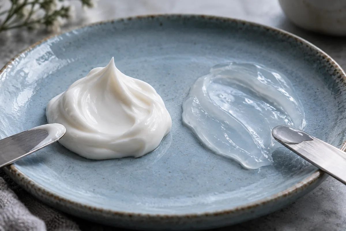Rich cream and translucent gel cream shown side by side
