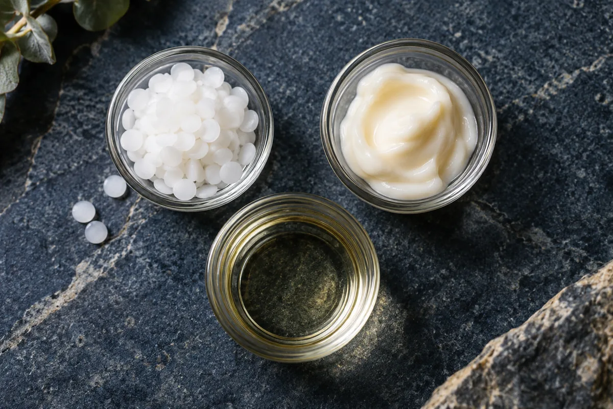 Three glass dishes containing waxy pellets, cream and clear oil