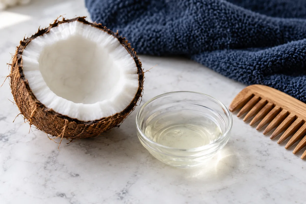 A freshly split coconut beside a small bowl of oil and wooden comb