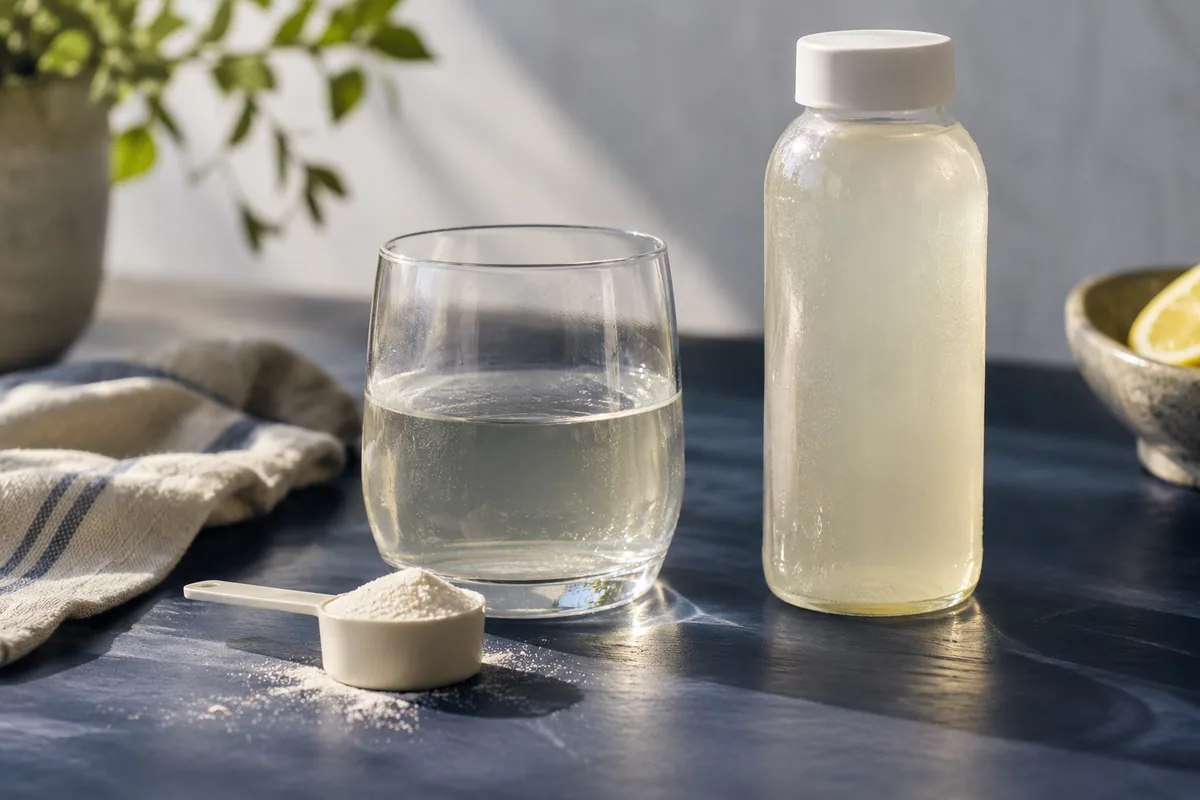 A spoon of supplement powder beside a glass and plain drink bottle