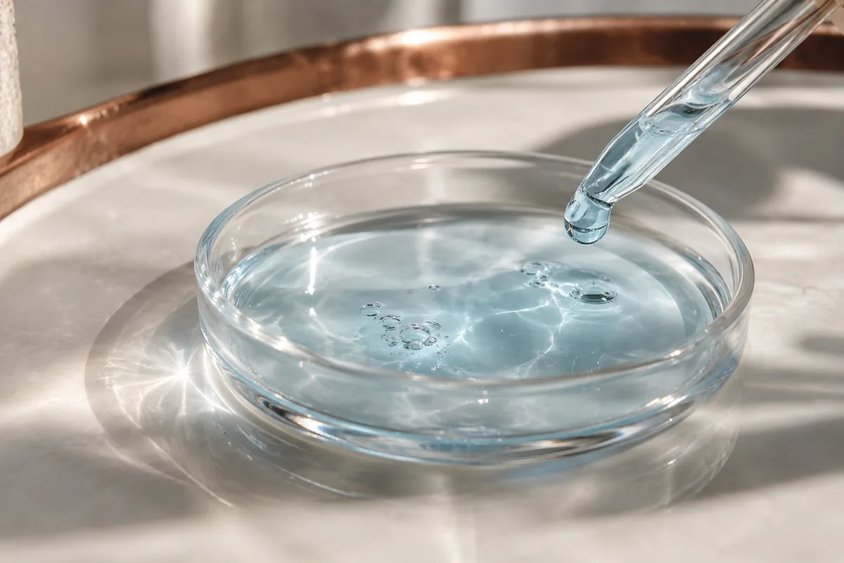 Pale blue serum in a glass dish beside a pipette
