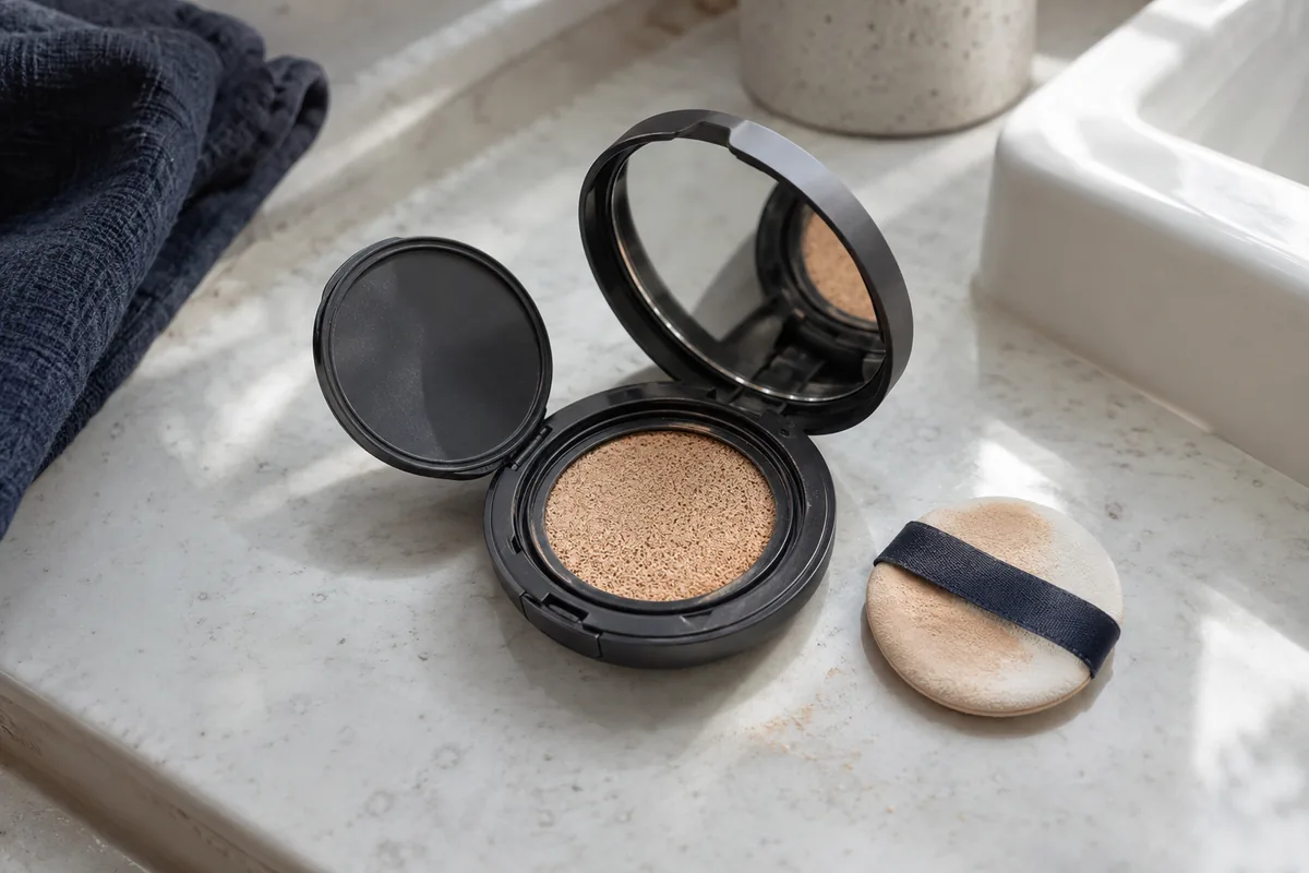Open unbranded cushion compact with its porous foundation sponge and cotton puff