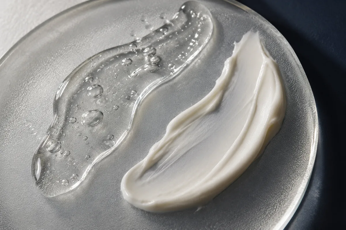 Watery gel and thick cream on a frosted glass plate
