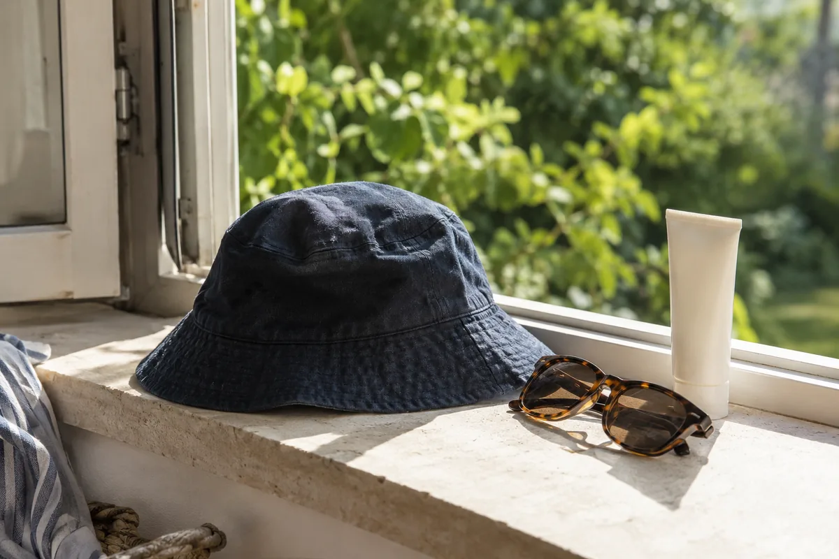 A navy sun hat, sunglasses and unlabelled sunscreen by a window
