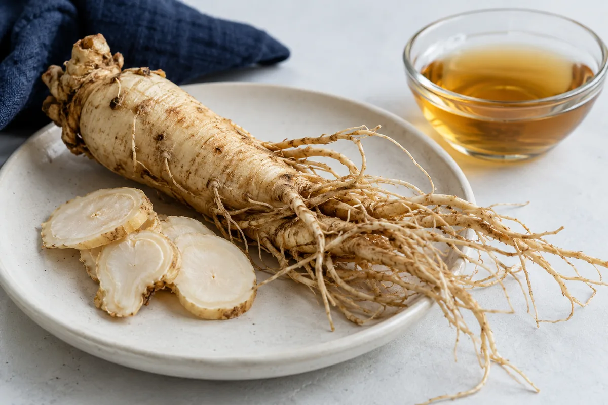 Fresh ginseng root and thin root slices beside a small dish of amber extract
