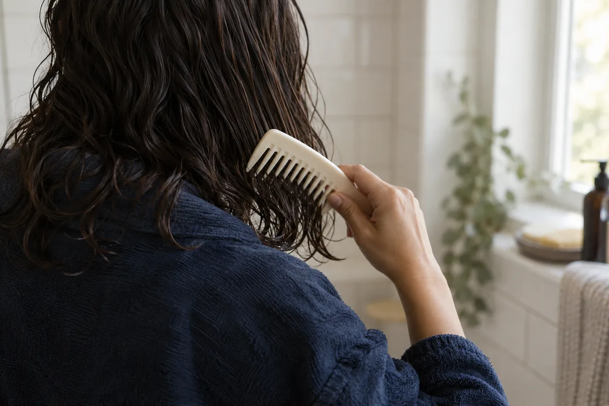 A person in a navy robe gently combing damp hair
