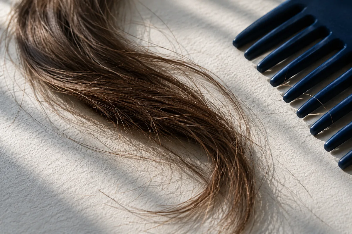A lock of brown hair with fine uneven ends beside a wide-toothed comb
