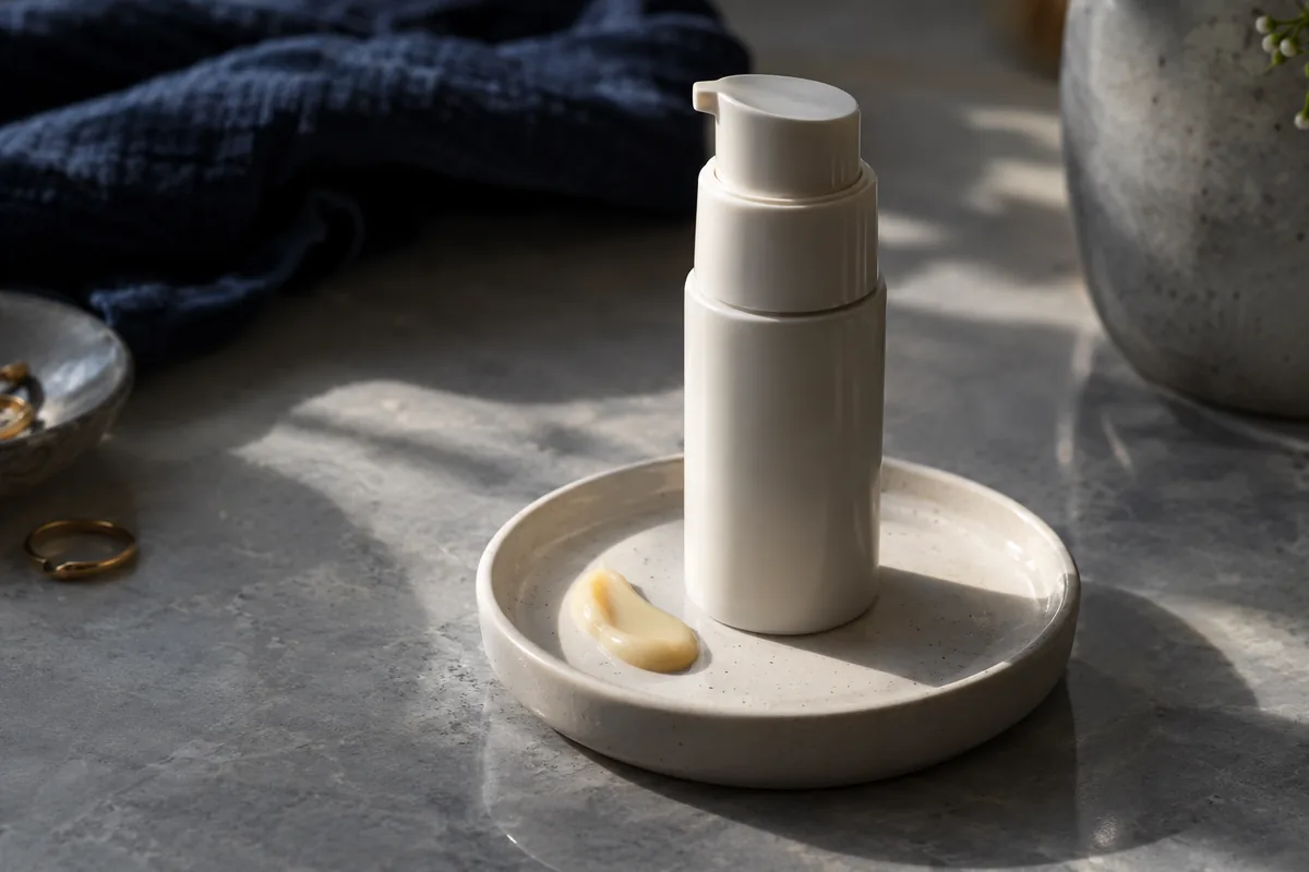 An opaque serum pump beside a pale cream swatch