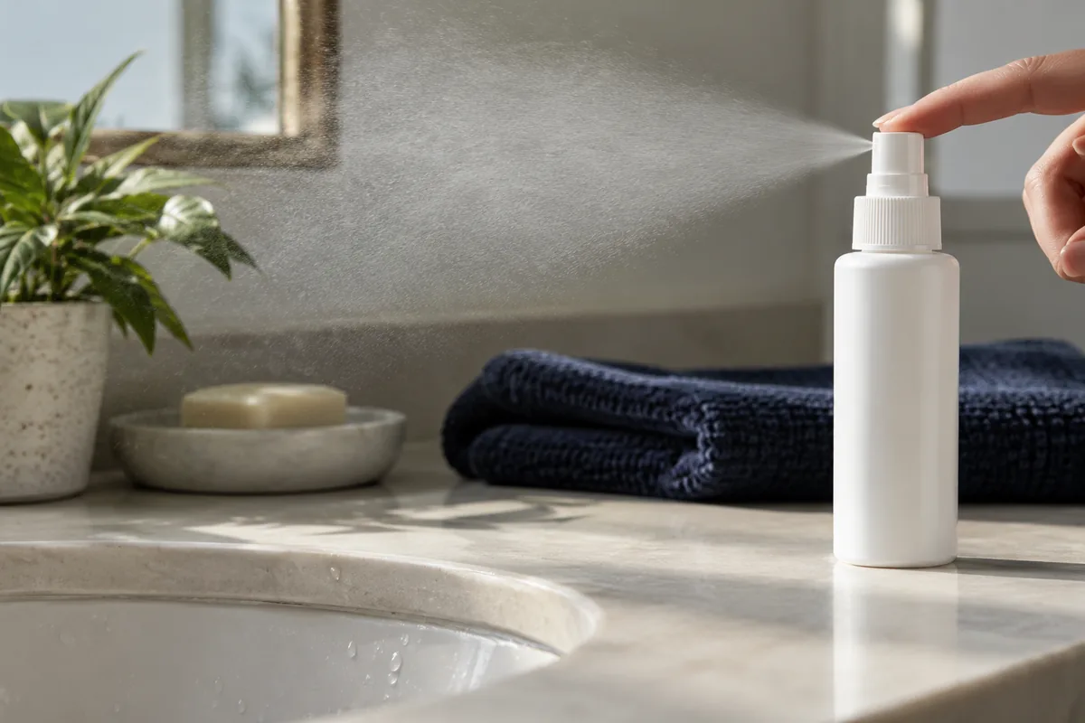 An unlabelled fine-mist bottle spraying in side light