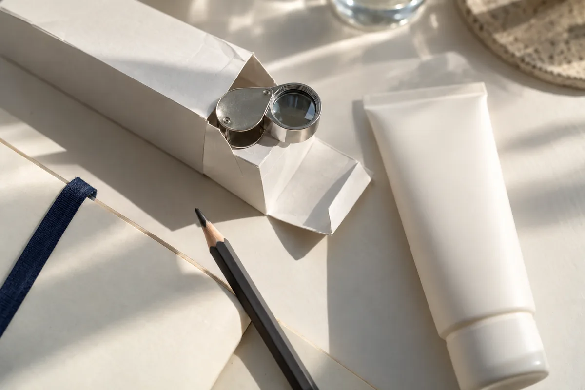 A magnifying loupe, notebook and unlabelled skincare packaging