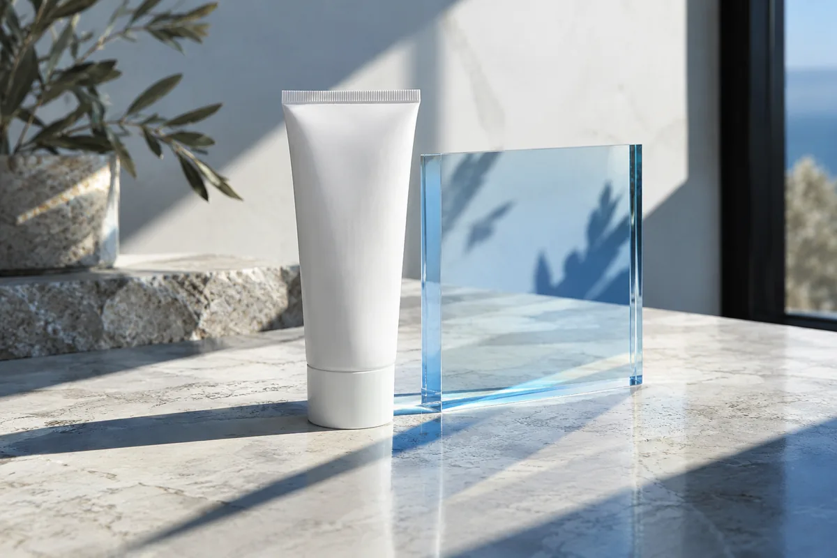 A plain sunscreen tube beside a pale blue glass panel in sunlight