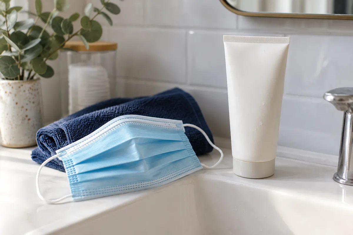 A pleated face mask beside an unlabelled cleanser
