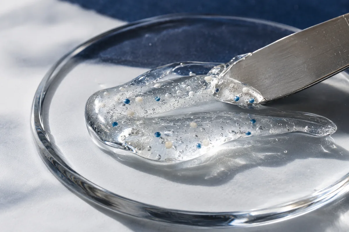 Small round exfoliating beads suspended in clear cosmetic gel
