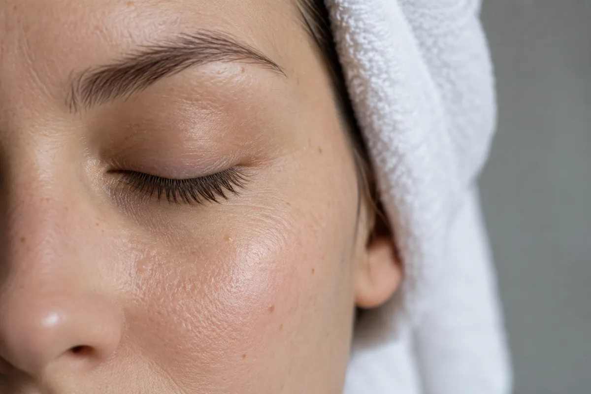 Close view of the skin around a closed eye and upper cheek