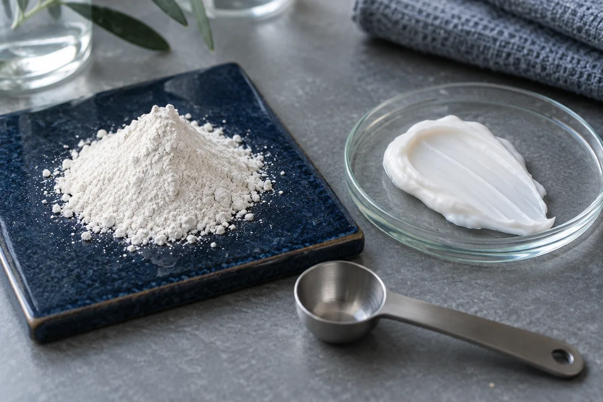 Fine white mineral powder beside an opaque cream swatch and clear glass dish
