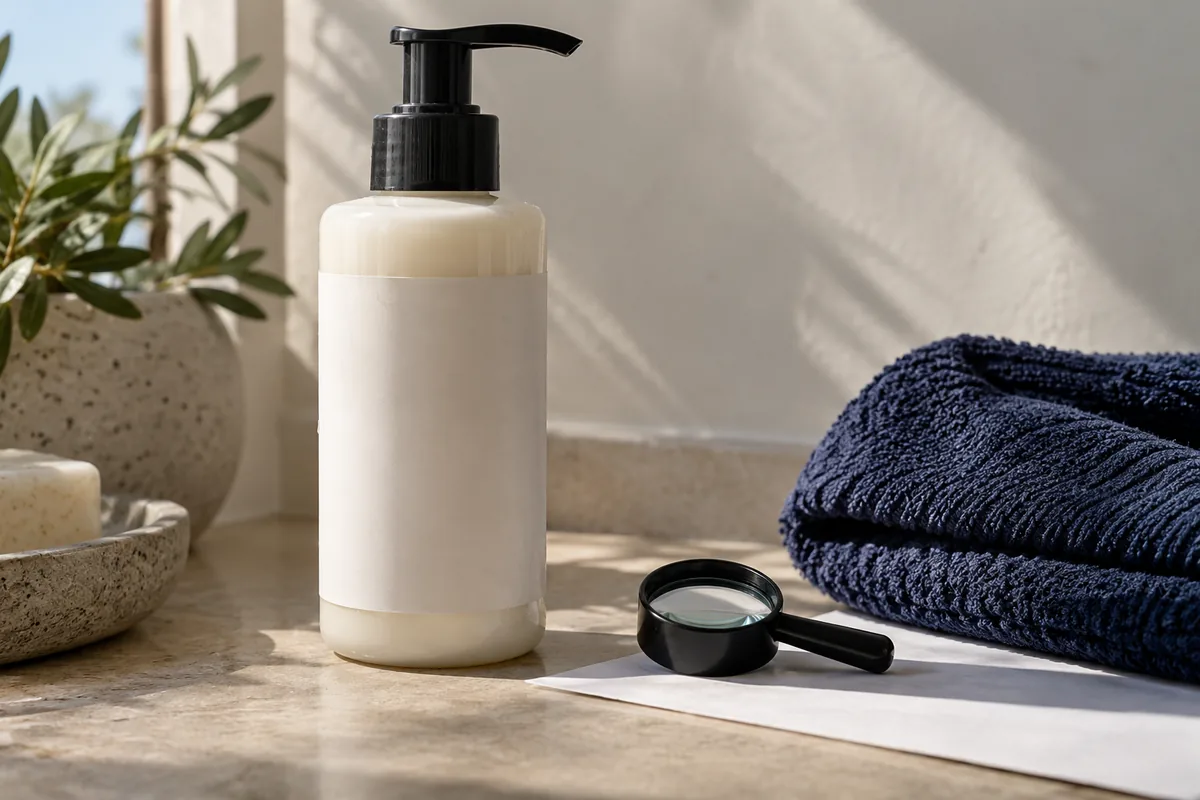 A pump bottle and magnifying loupe on a bathroom counter