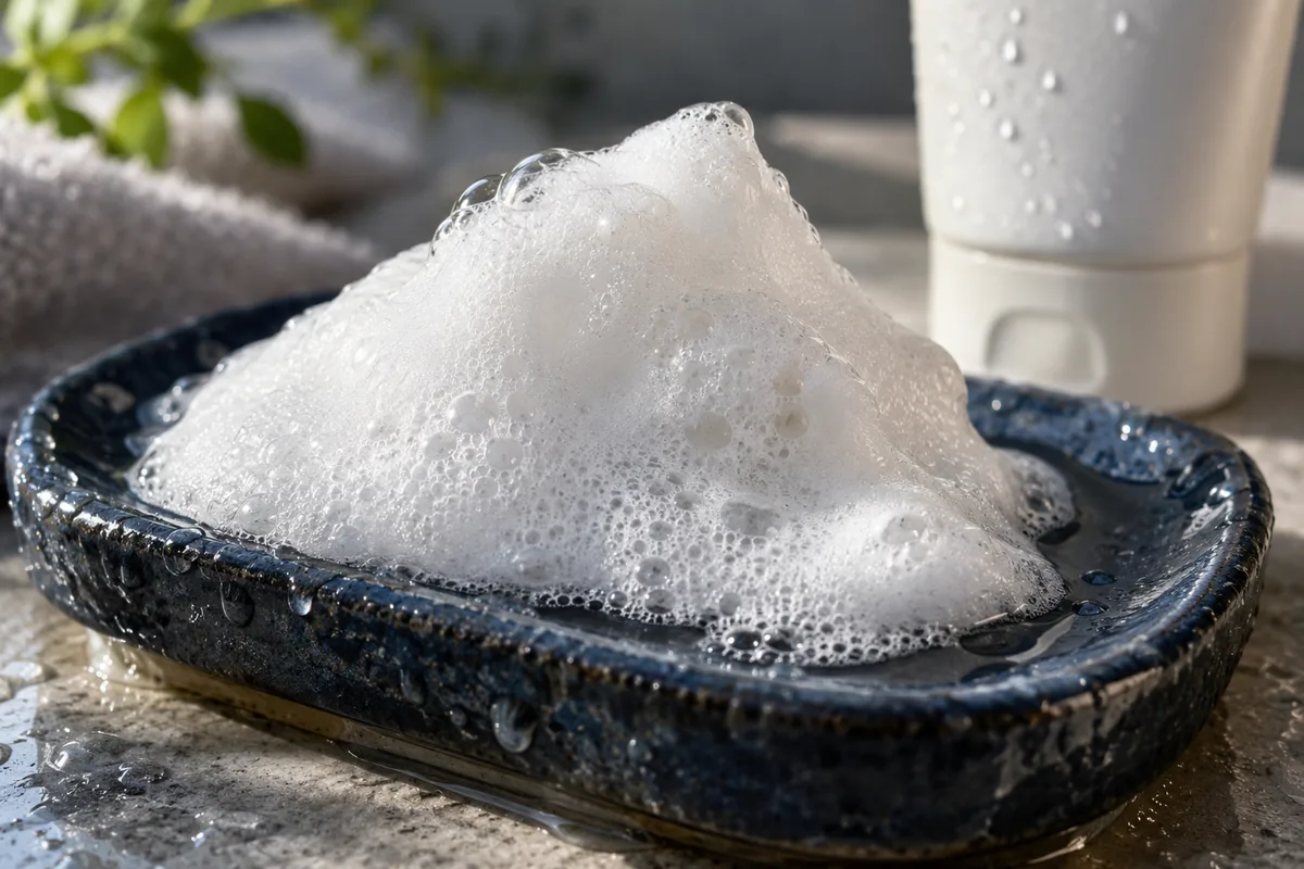 Dense cleansing foam on a wet navy soap dish