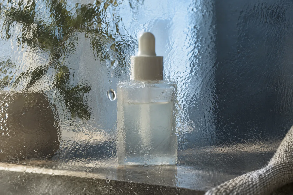 A plain serum bottle seen through textured glass