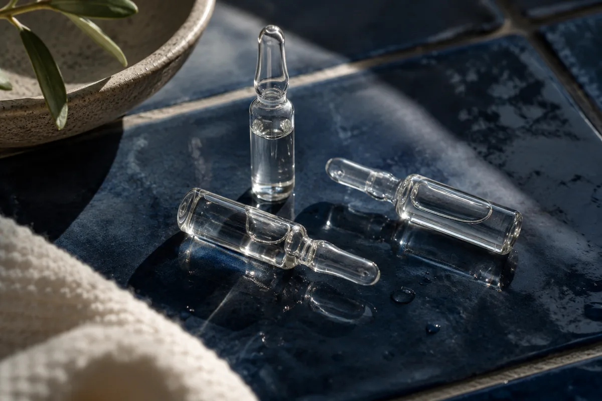 Small sealed cosmetic ampoules on a navy tile