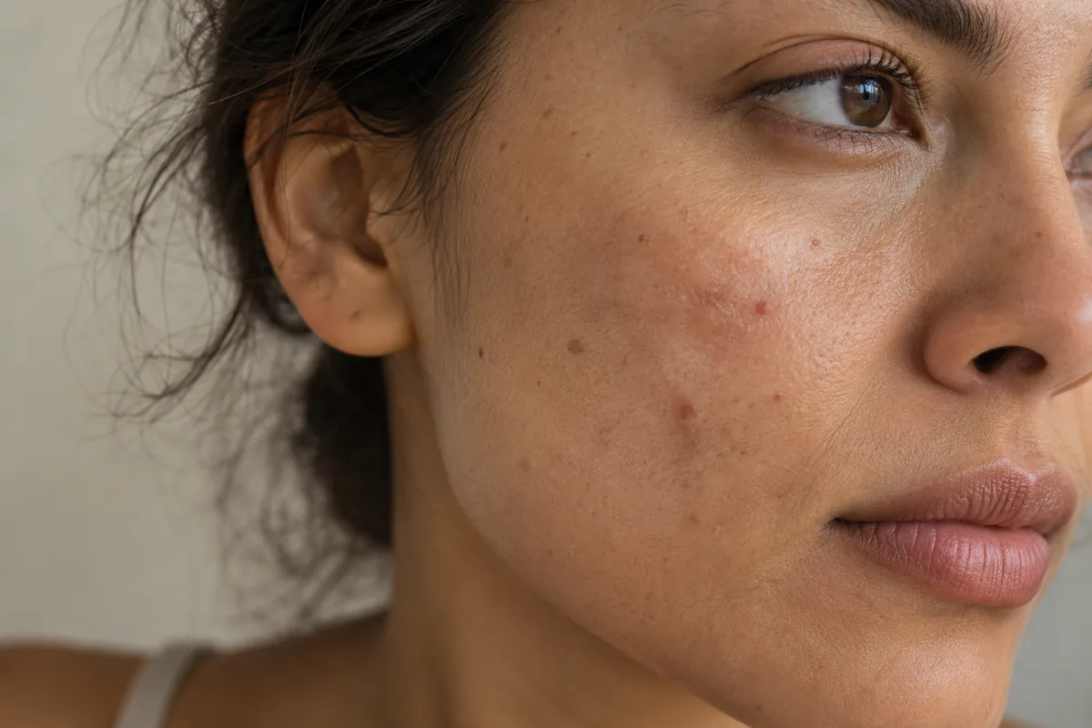 Natural reddish and brownish marks on an adult cheek