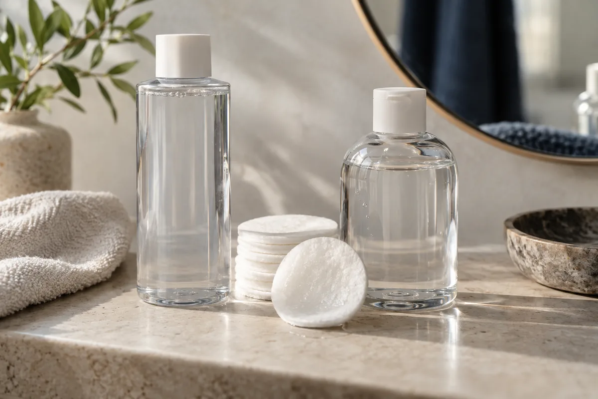 Two cleansing-water bottles with cotton pads