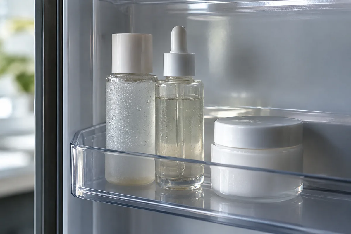 Plain skincare containers on a refrigerator door shelf