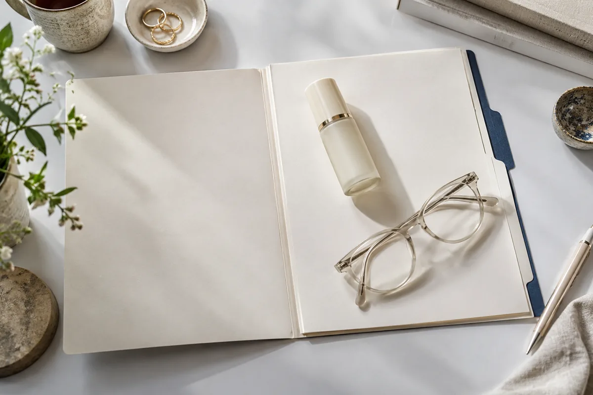 A cosmetic bottle beside an open folder and reading glasses