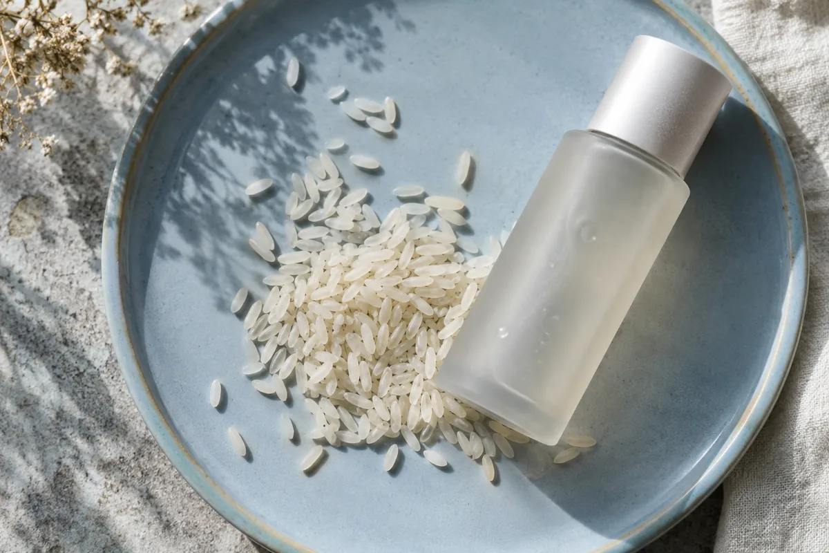 Rice grains beside an unlabelled frosted toner bottle