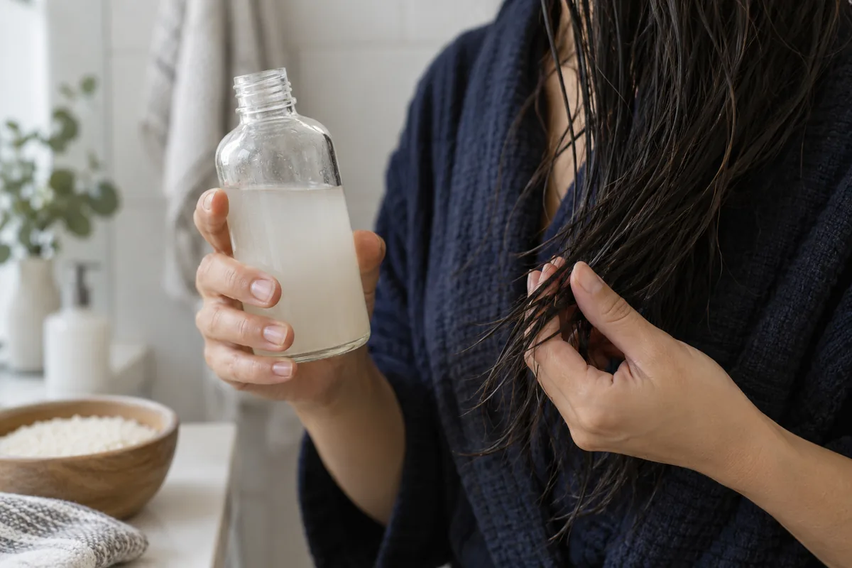 A bottle of cloudy rice water beside damp hair