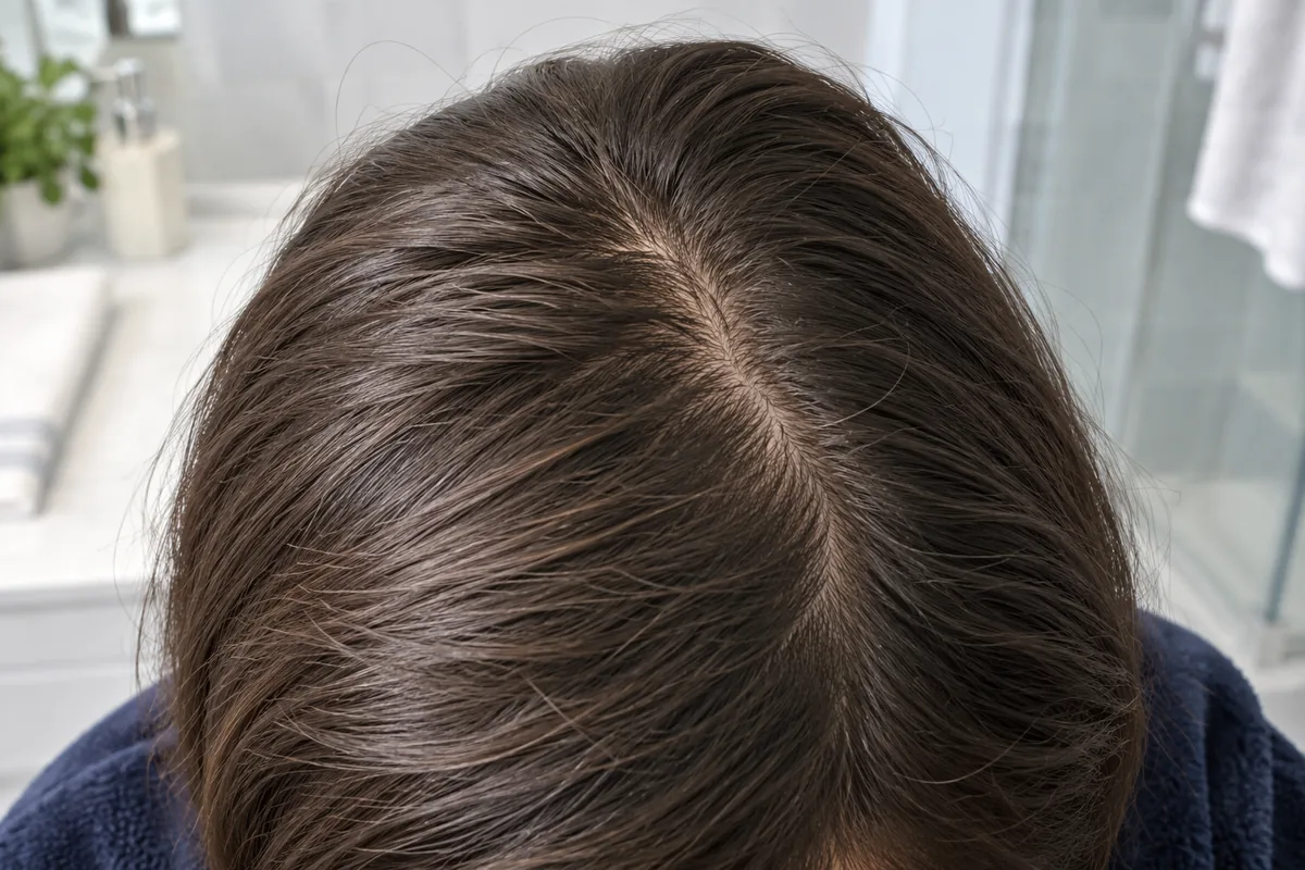 Naturally parted dark hair showing the scalp line and individual roots