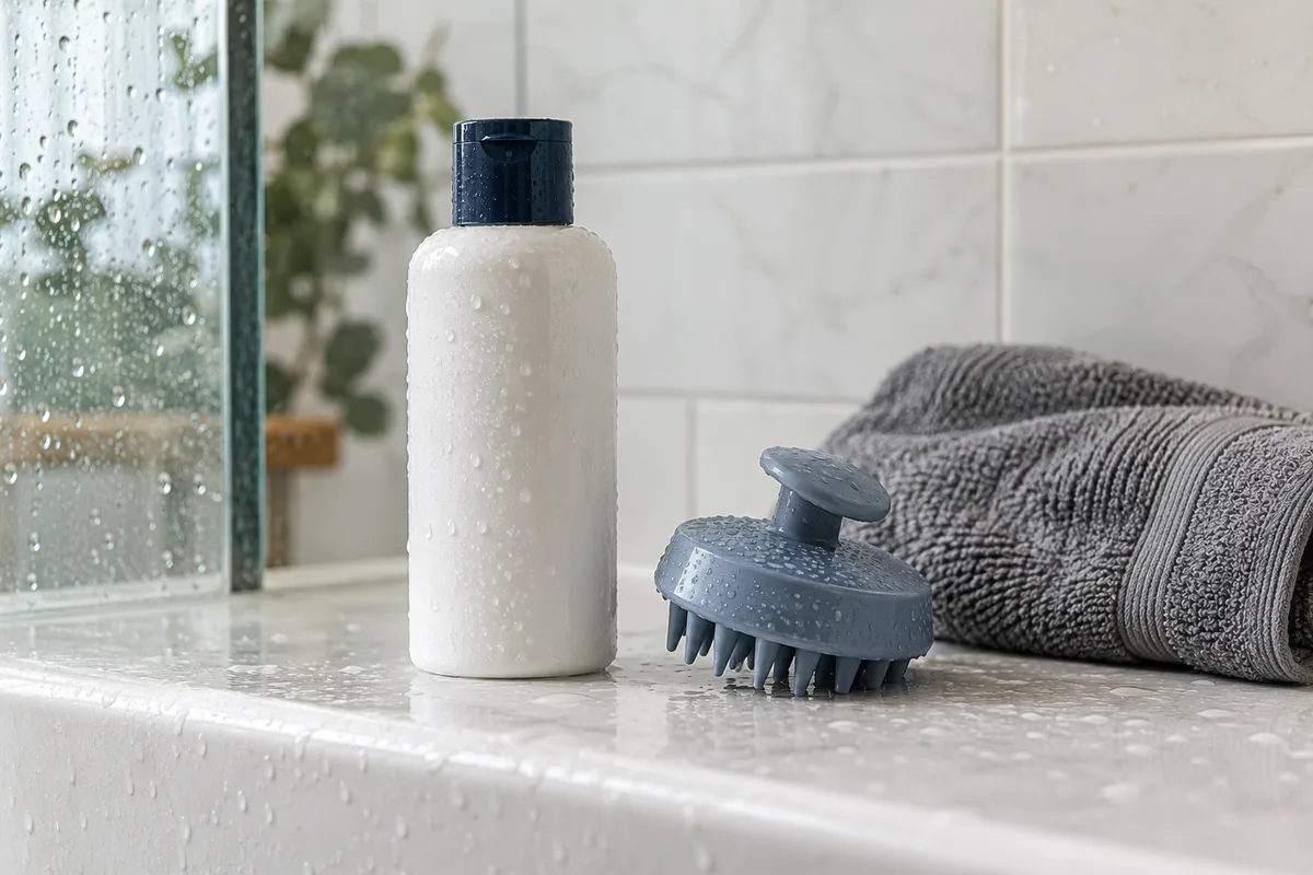 An unlabelled shampoo bottle and silicone scalp brush