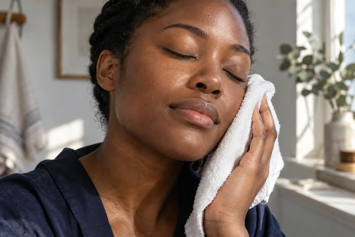 An adult gently holding a soft washcloth against their cheek