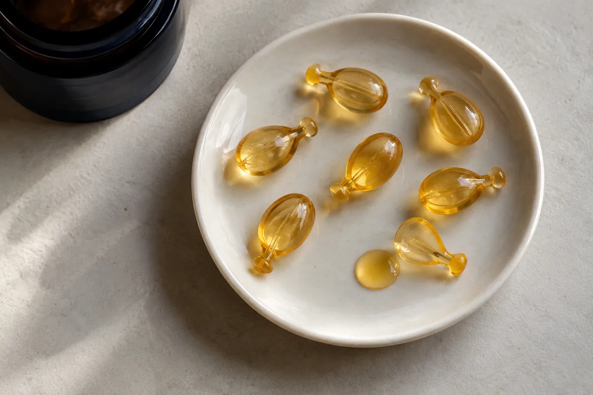 Golden single-dose cosmetic capsules on a white saucer