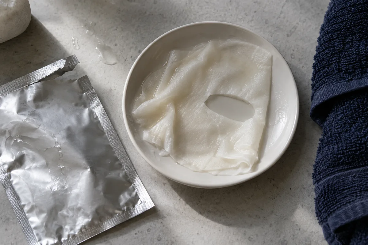 A damp sheet mask in a dish beside its unlabelled foil sachet