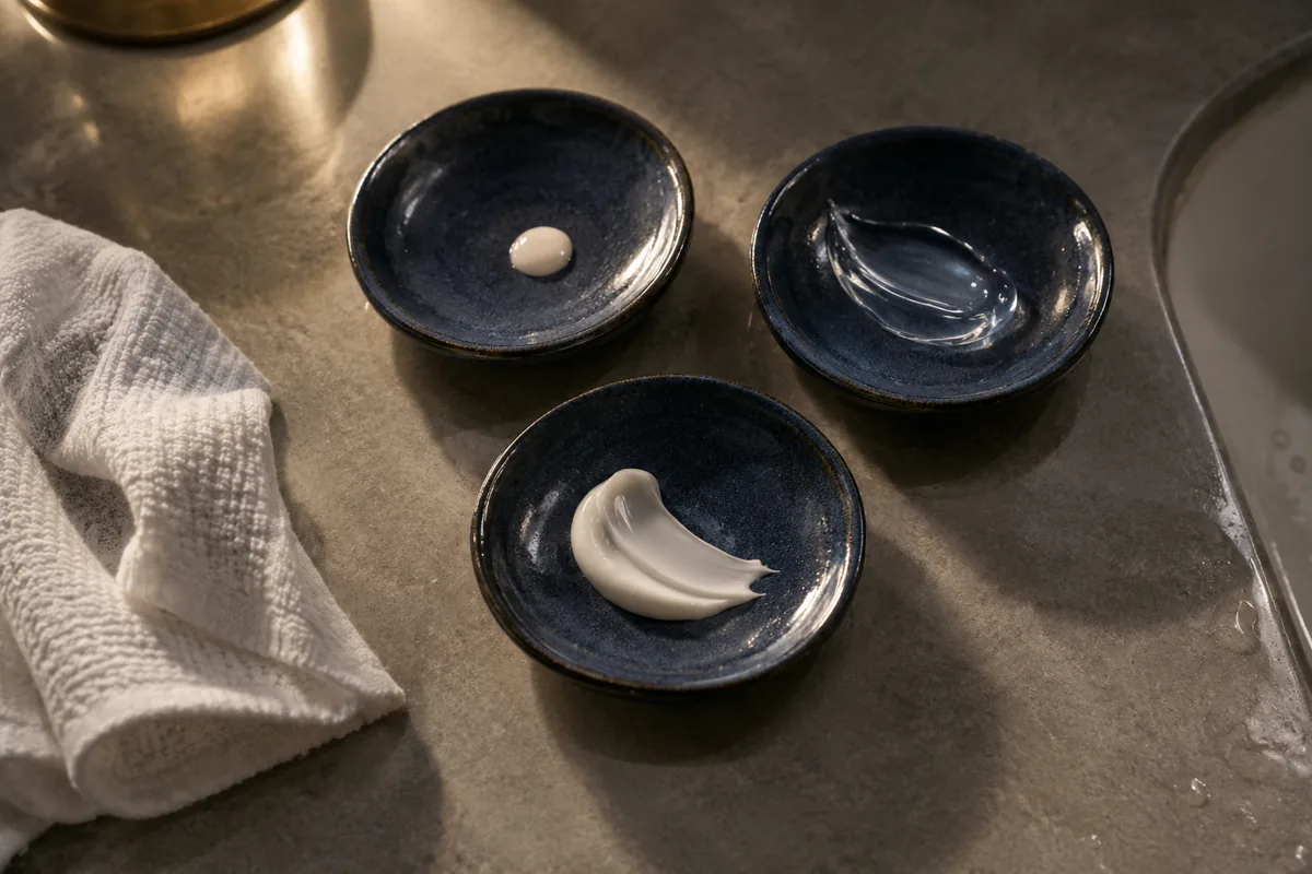 Three cosmetic textures in separate navy dishes on a bathroom counter