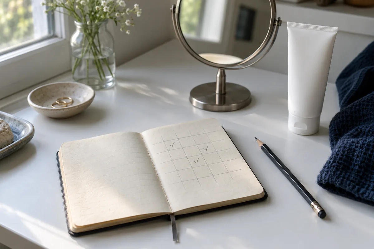 An open skincare diary with check boxes beside an unlabelled cleanser and mirror
