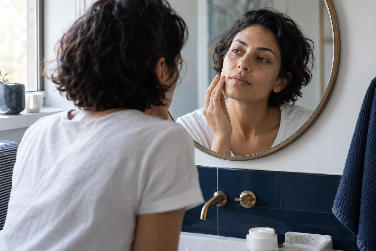 An adult looking at their cheek in a small bathroom mirror