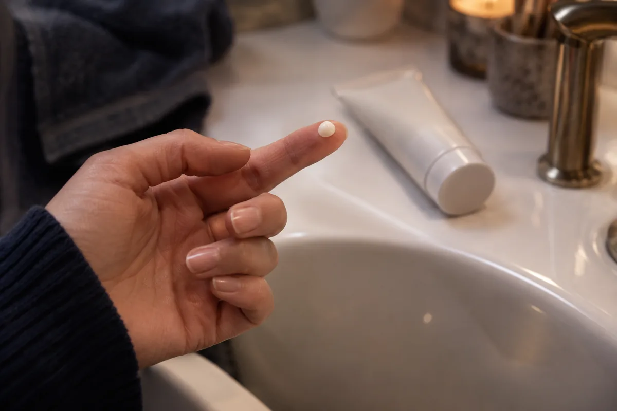A small cream bead on a fingertip beside a plain tube