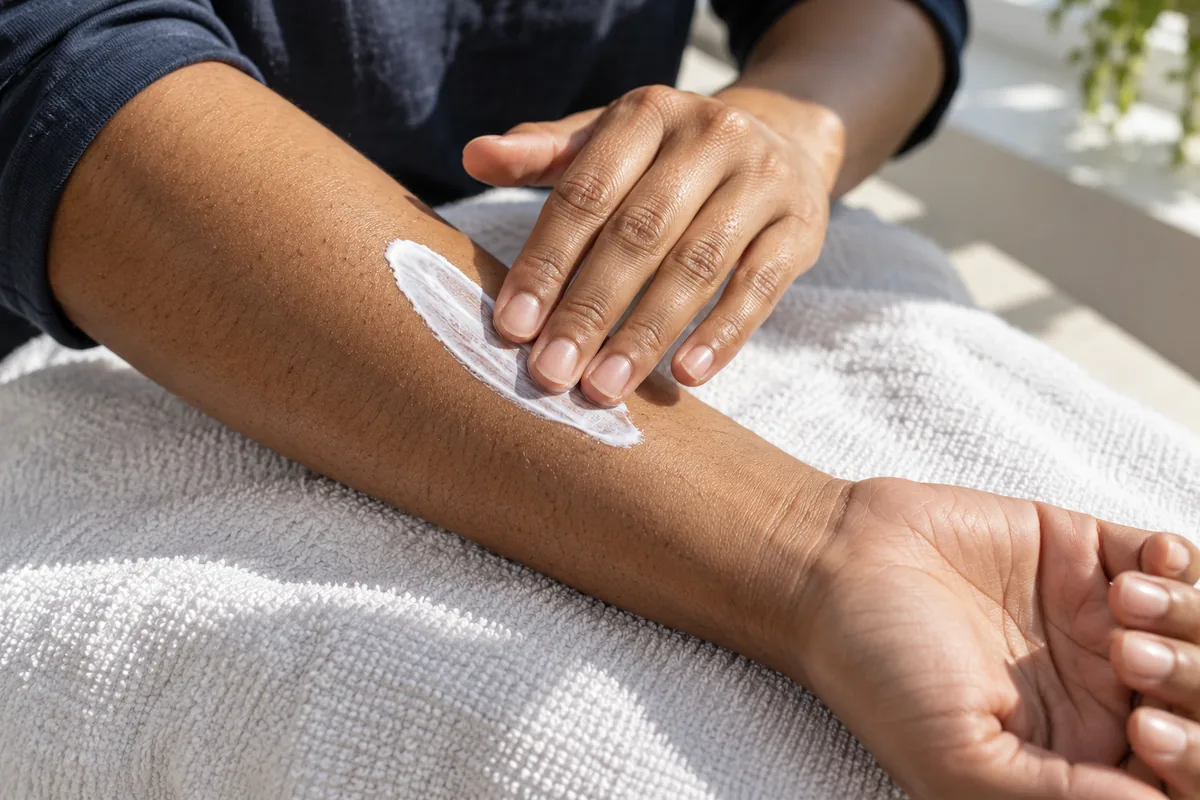 A hand spreading sunscreen along an adult forearm in daylight