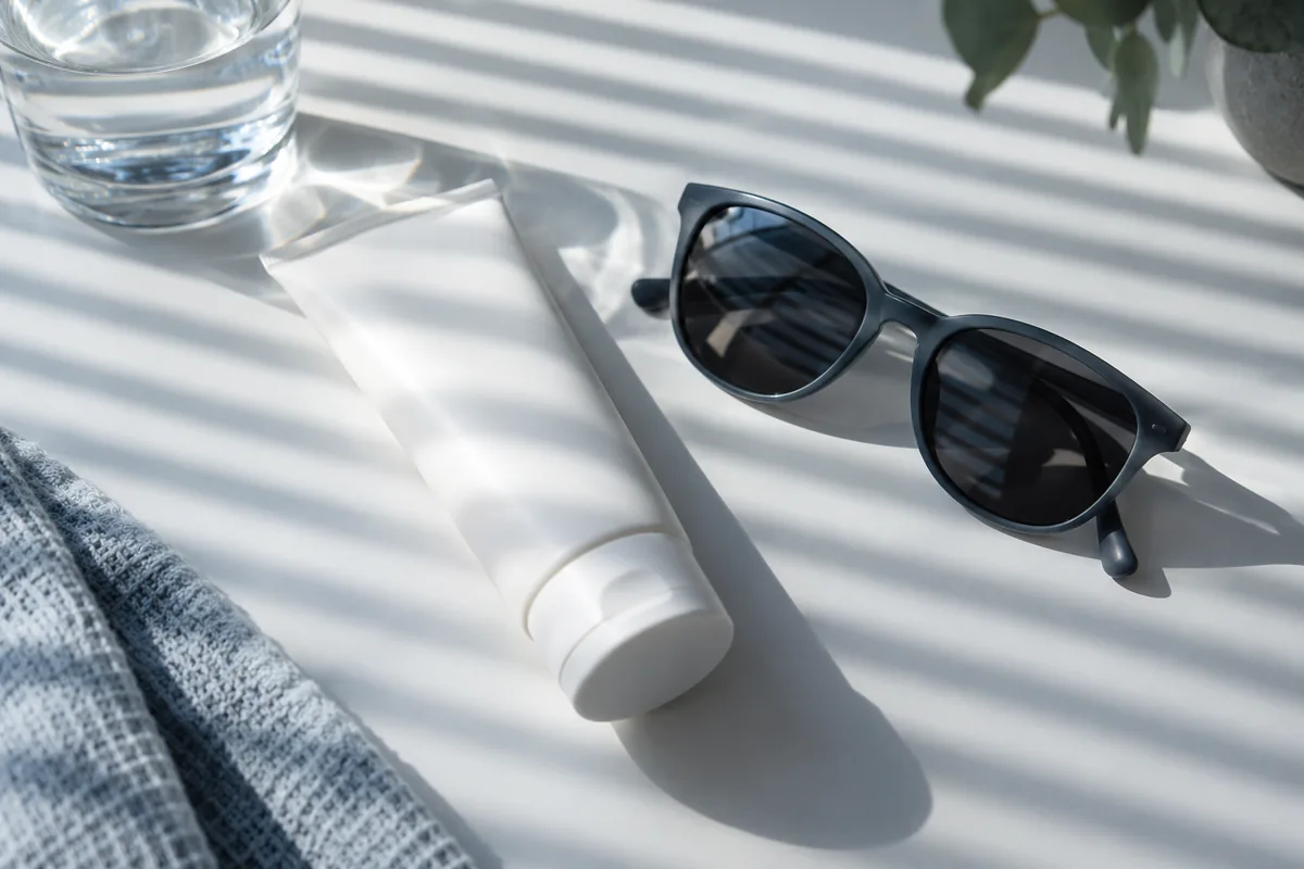 A sunscreen tube and sunglasses in window-blind shadows