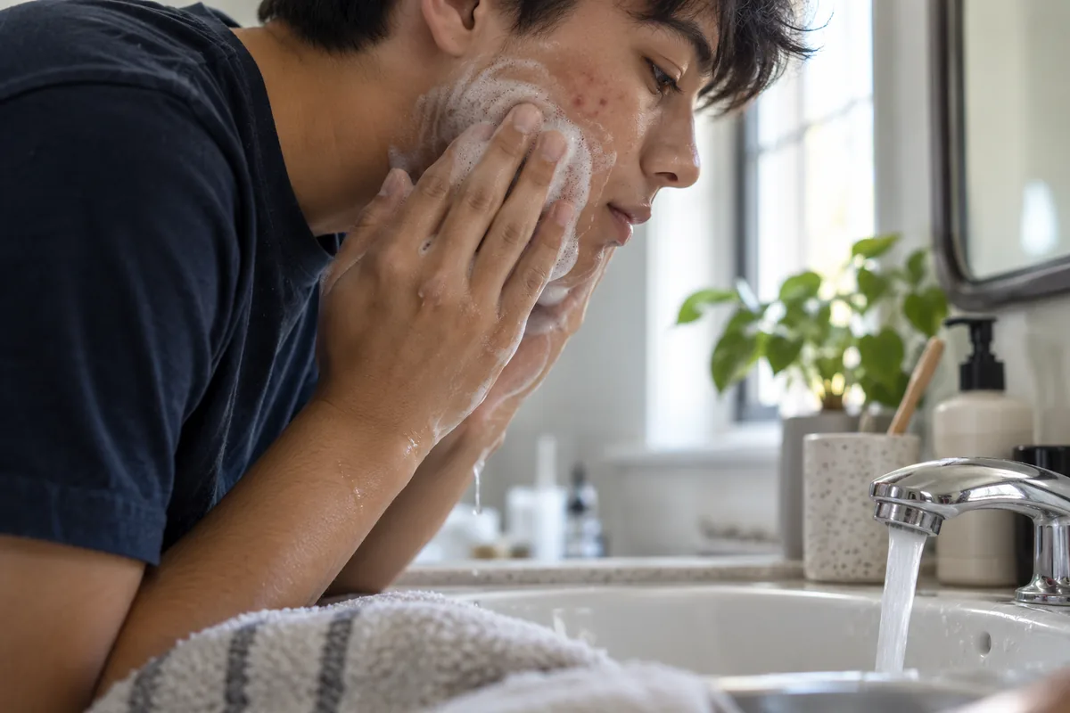 A young adult washing their face with cleanser at a sink