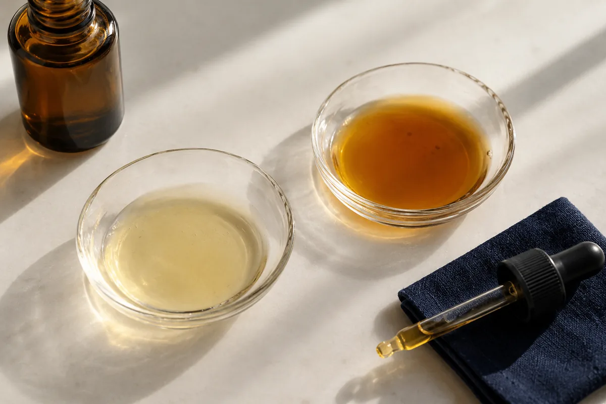 Pale and amber liquids in glass dishes beside an amber bottle