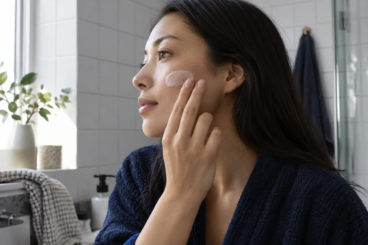 A woman applying moisturizer in a softly lit bathroom
