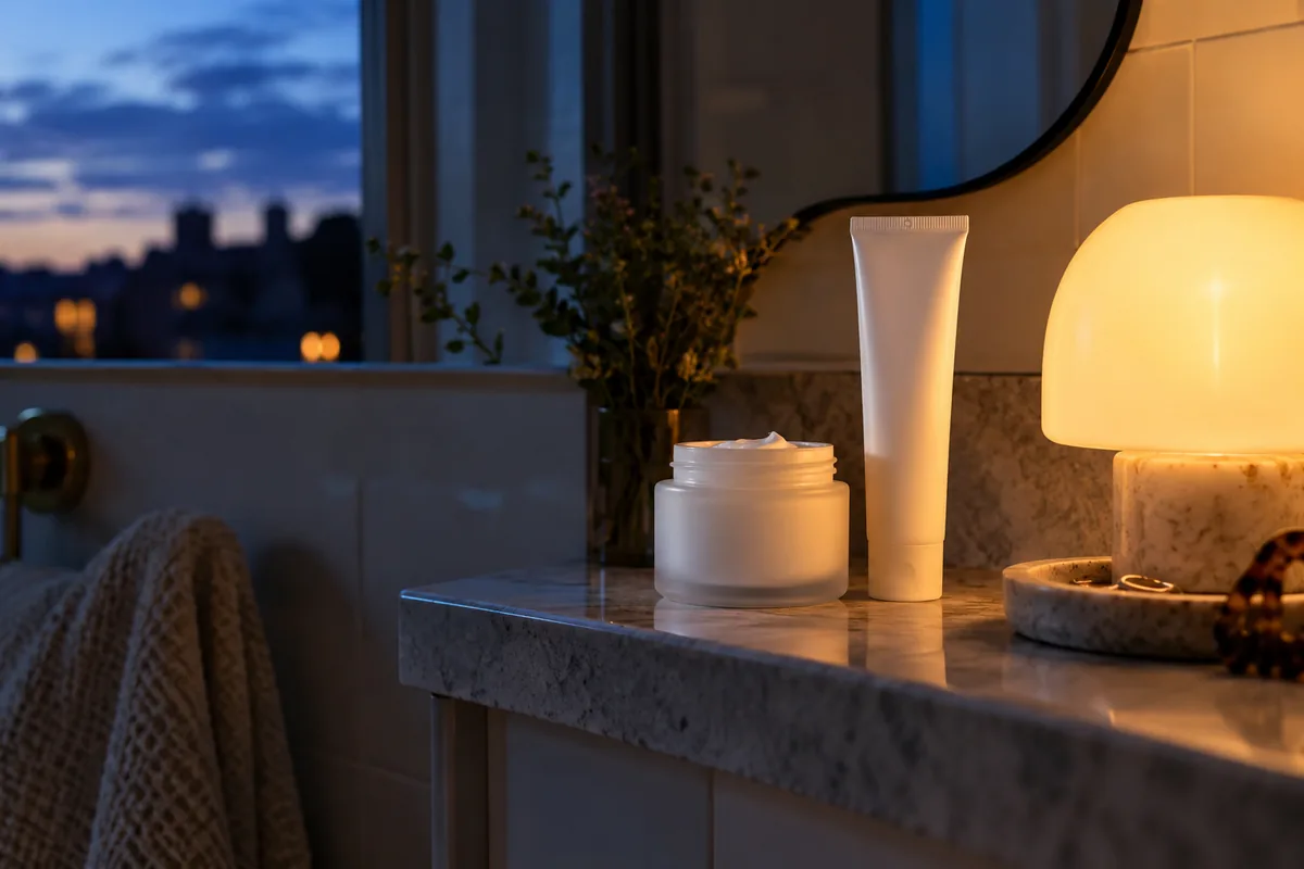 Skincare containers on a bathroom shelf in evening light