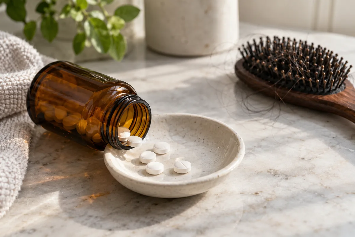 An unlabelled supplement bottle and tablets near a hairbrush